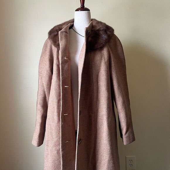 Vintage 60s Pure Wool Swing Coat Button Down Tan Brown Fur Collar Medium - Picture 12 of 13